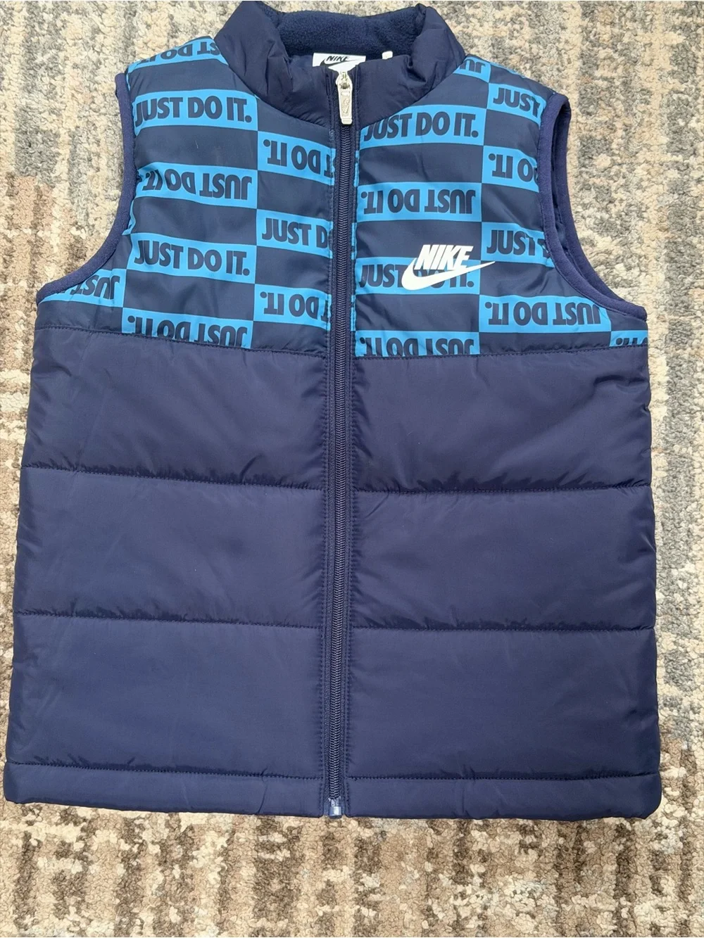 Nike Navy and Light Blue 'Just Do It' Puffer Vest